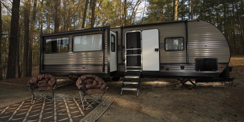 RV in a shady spot in a forest during the day in North Carolina